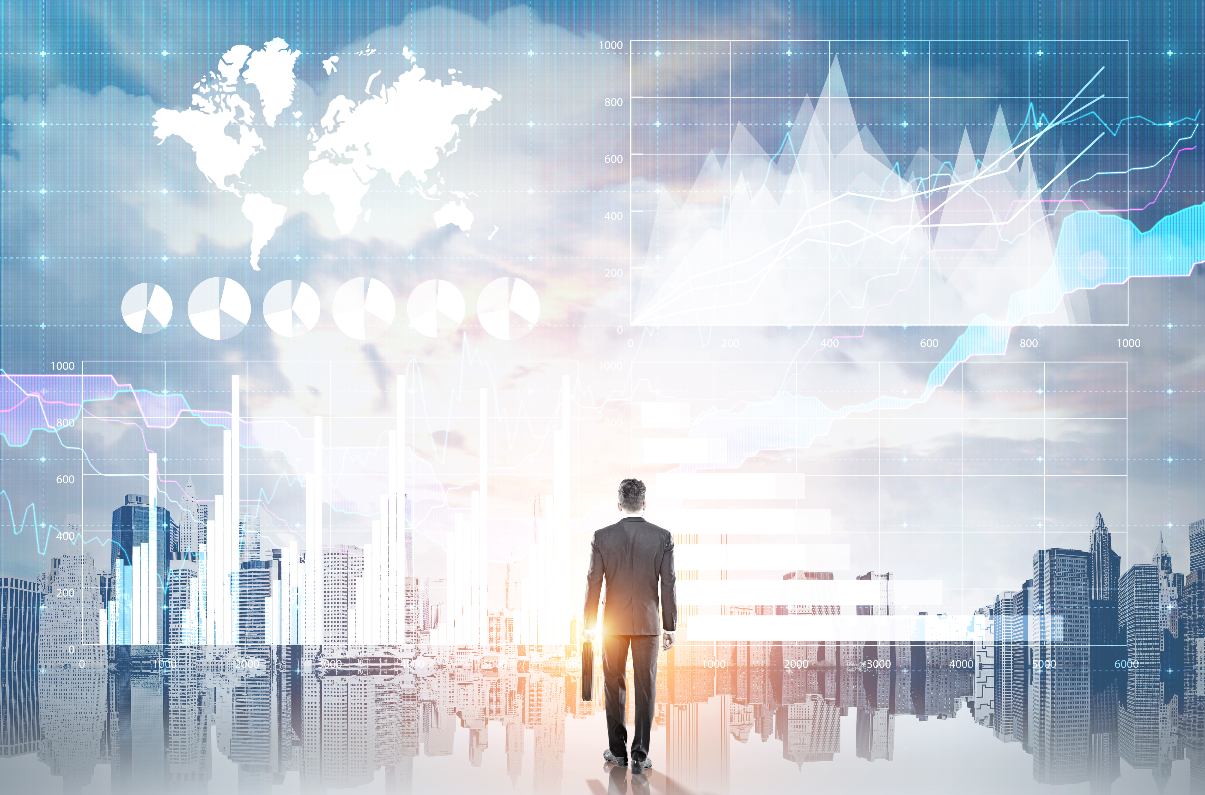 Rear view of businessman holding a suitcase and looking at large city and its reflection. Toned image. Double exposure. Elements of this image furnished by NASA
